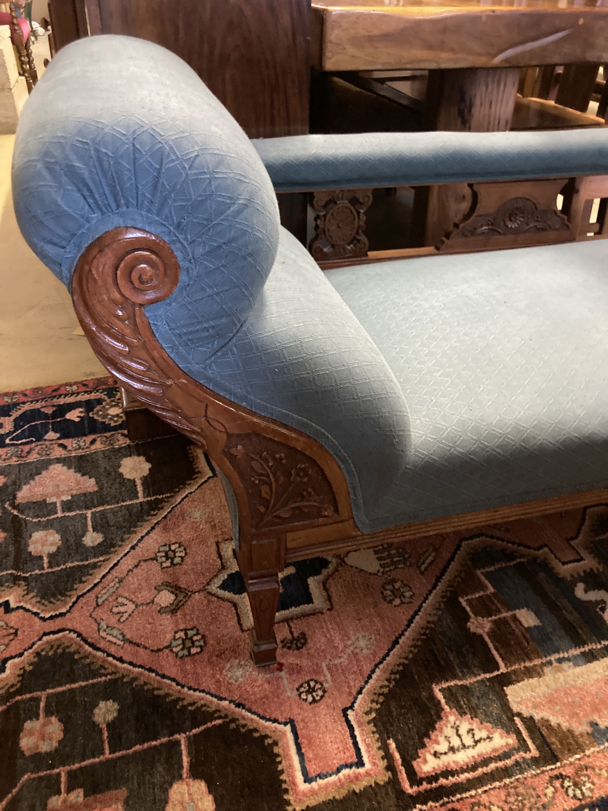 A late Victorian upholstered chaise longue, length 170cm, depth 66cm, height 73cm